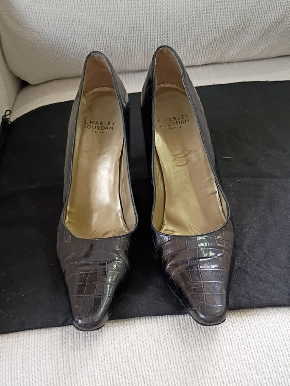 Charles Jourdan Croc-Embossed Black Pointed Toe Pumps